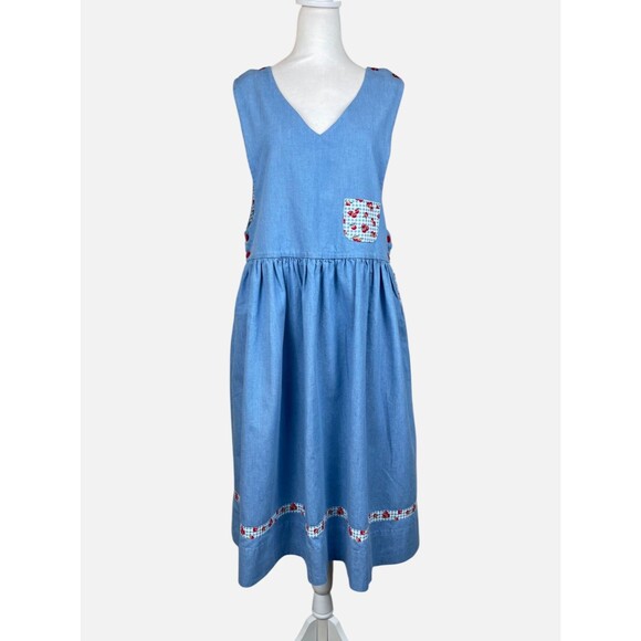 Vintage Chambray Apple Print Jumper Pinafore Dress Cottagecore Red Buttons M/L - Picture 2 of 13